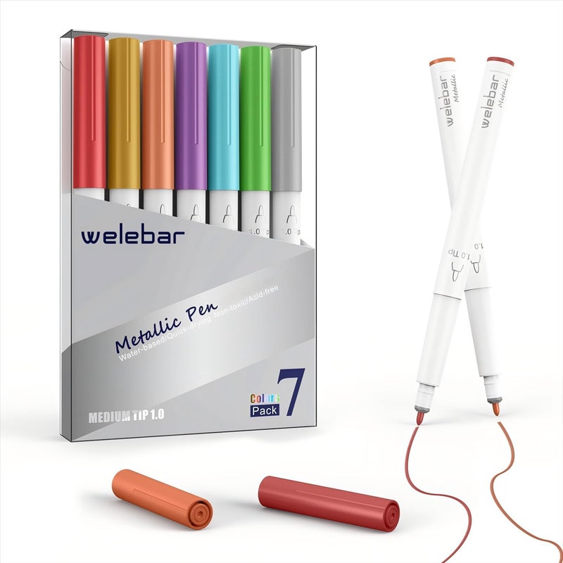 welebar 7 Pack Metallic Pen Set, 1.0 Tip Marker Pens Compatible with Cricut Maker 3/Maker 4/Maker/Explore 3/Explore 4/Air 2/Air, Metallic Ink Markers for Envelope, Invitations, Cards, Drawing - Image 1